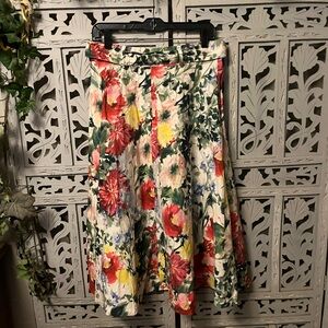 PHILOSOPHY RETRO PRETTY OFF WHITE COTTON WITH PINK & WHITE FLOWERS MIDI SKIRT